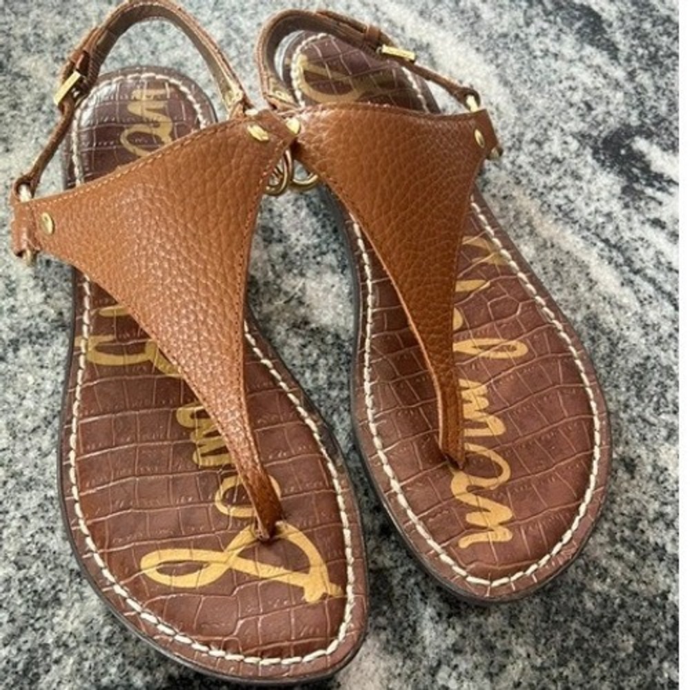 Sam Edelman Greta Thong Sandal Women 5.5 Brown Leather Croc Embossed Flat